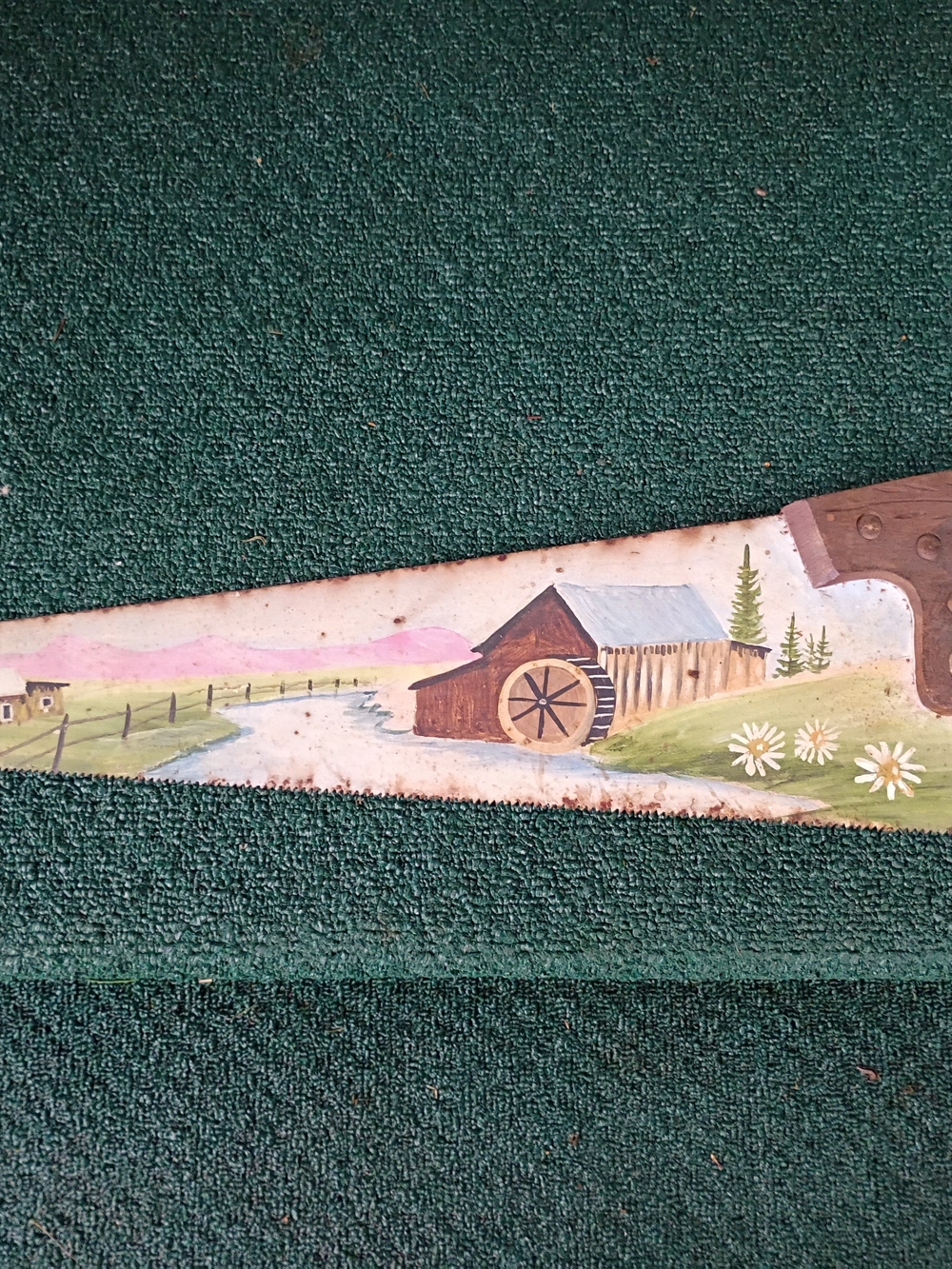 Vintage Hand Painted Hand Saw Folk Art Water Wheel Landscape